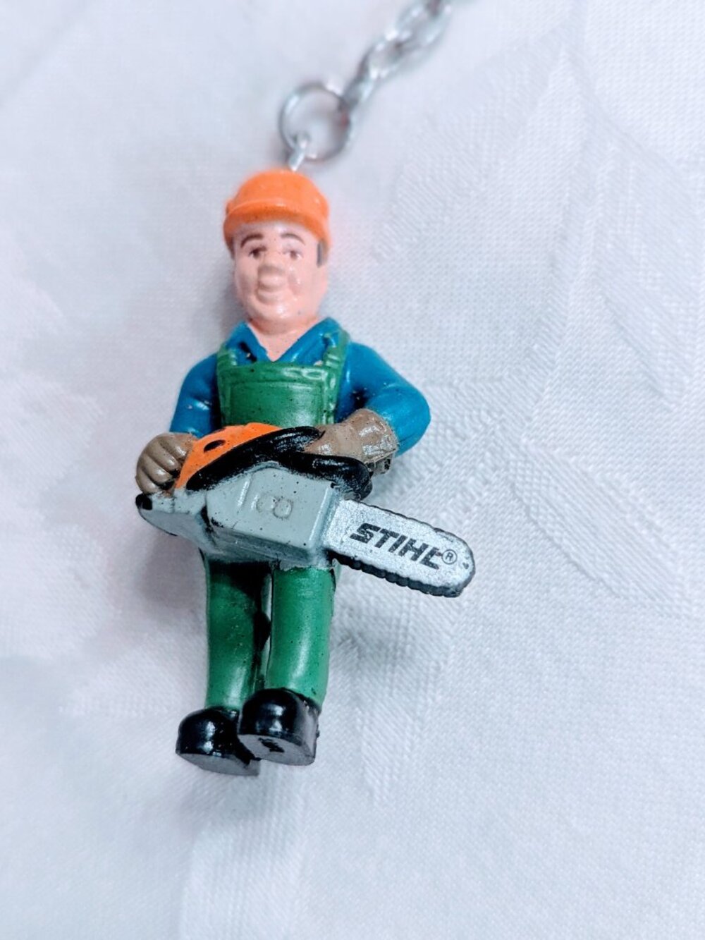 VTG Stihl Forestry Worker Chainsaw Keychain Collectible Orange Green Blue - Picture 3 of 3